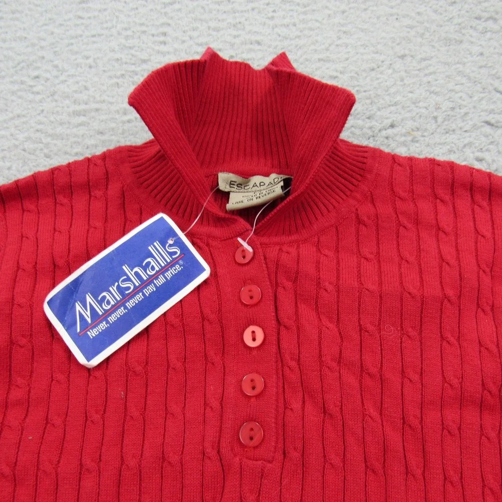 Escapade Red Cotton Cable‎ Knit Mock Neck Button Up Sweater Women's Size M